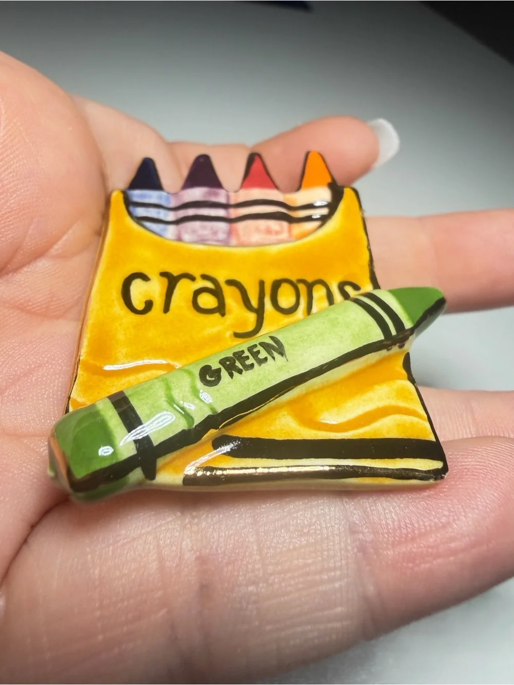 Crayon Box Brooch Hand Painted Ceramic Handmade Pin 2 inches